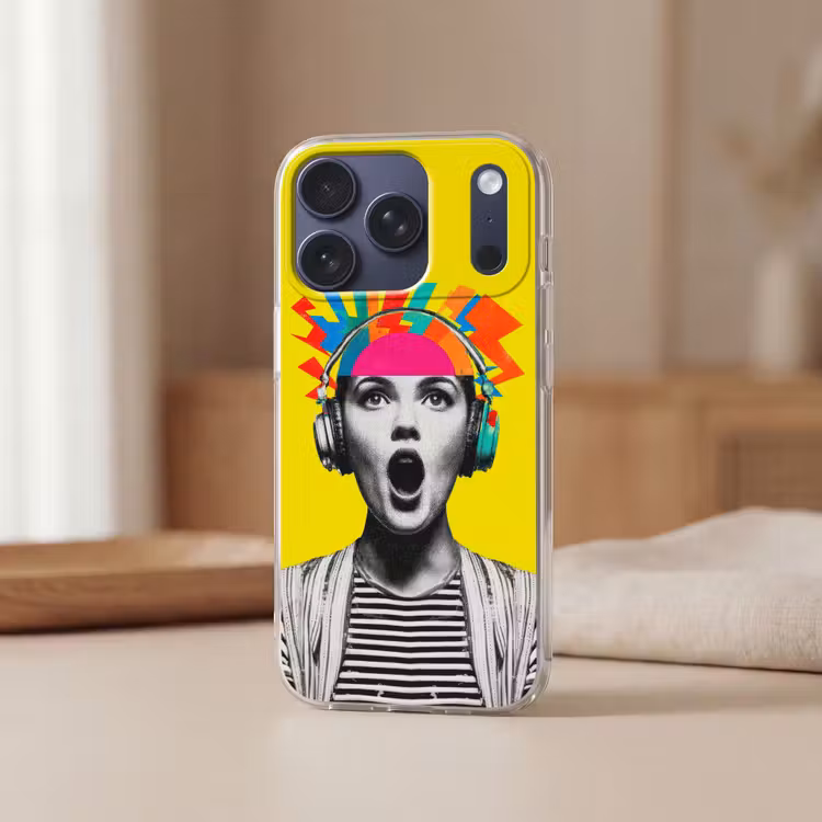 Vrouw - Koptelefoon - Geel Telefoonhoesje iPhone 17 Pro klein -sfeer2