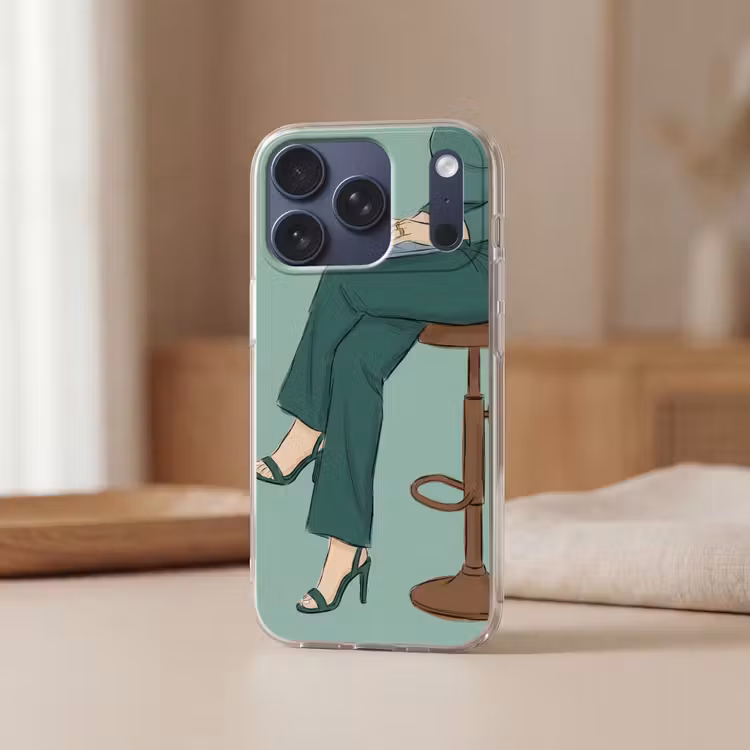 Vrouw - Laptop - Zittend - Illustratie - Groen Telefoonhoesje iPhone 17 Pro klein -sfeer2