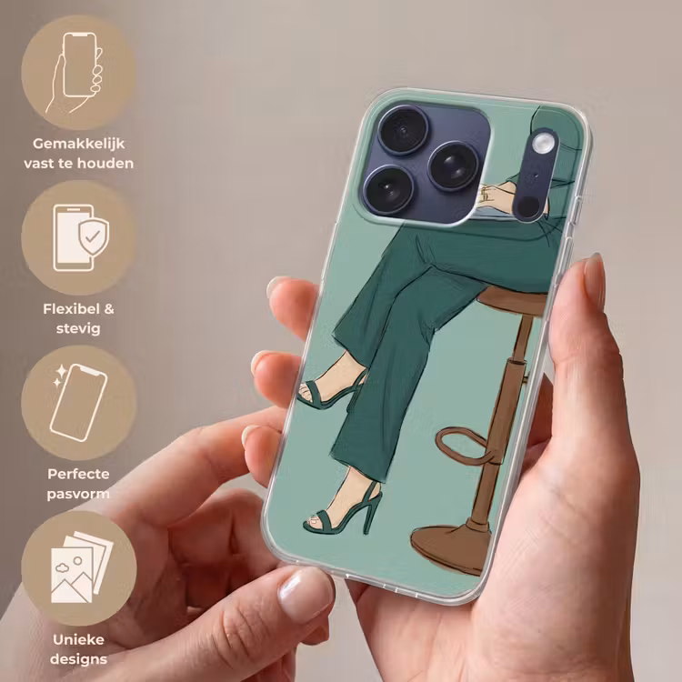 Vrouw - Laptop - Zittend - Illustratie - Groen Telefoonhoesje iPhone 17 Pro klein -sfeer3_NL