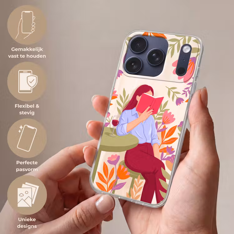 Vrouw - Lezen - Thuis - Modern - Bloemen Telefoonhoesje iPhone 17 Pro klein -sfeer3_NL