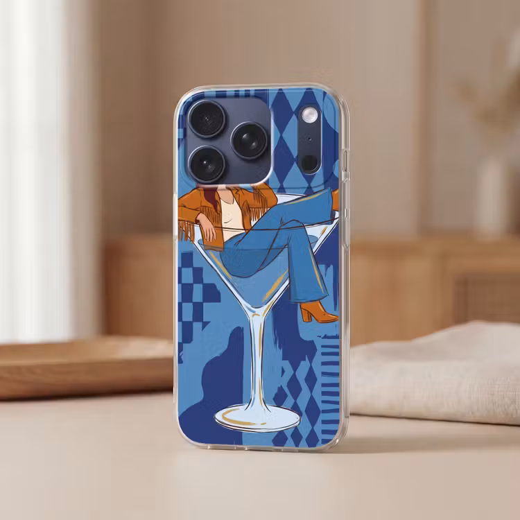Vrouw - Martini glas - Abstract - Blauw - Kunst Telefoonhoesje iPhone 17 Pro klein -sfeer2