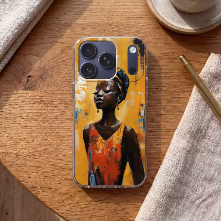 Vrouw - Ogen - Penseelstreken - Geel Telefoonhoesje iPhone 17 Pro klein -sfeer1