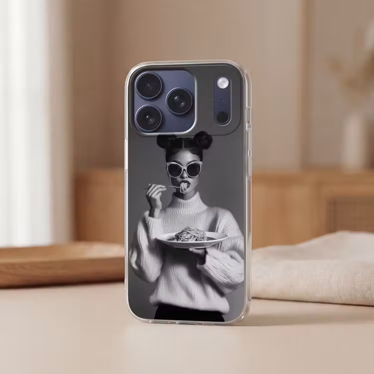 Vrouw - Pasta - Zonnebril Telefoonhoesje iPhone 17 Pro klein -sfeer2