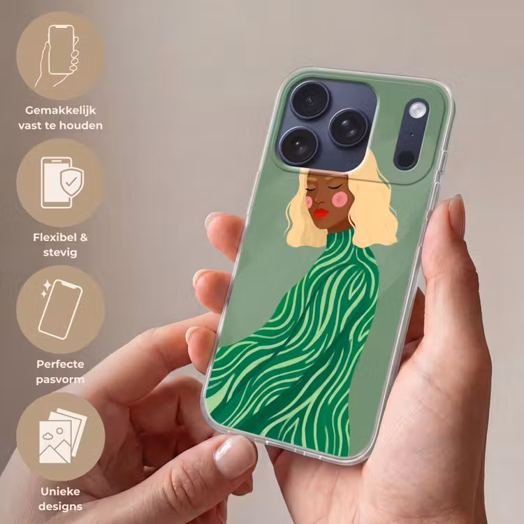 Vrouw - Portret - Illustratie - Modern - Groen Telefoonhoesje iPhone 17 Pro klein -sfeer3_NL