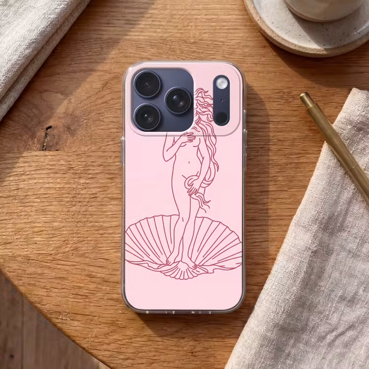Vrouw - Schelp - Kunst - Lijntekening - Roze Telefoonhoesje iPhone 17 Pro klein -sfeer1