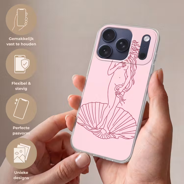 Vrouw - Schelp - Kunst - Lijntekening - Roze Telefoonhoesje iPhone 17 Pro klein -sfeer3_NL