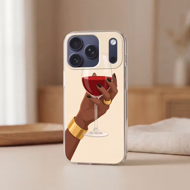 Vrouw - Wijn - Glas - Illustratie - Rood Telefoonhoesje iPhone 17 Pro klein -sfeer2