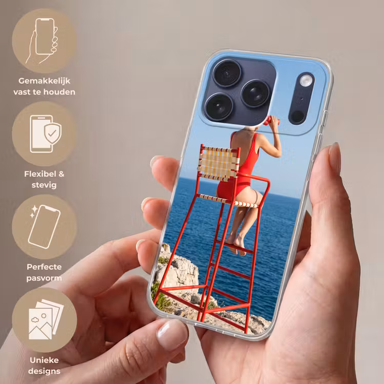 Vrouw - Zee - Kust - Verrekijker - Rood Telefoonhoesje iPhone 17 Pro klein -sfeer3_NL