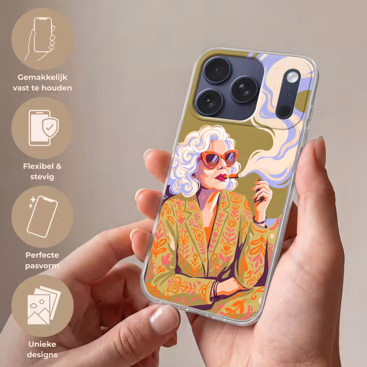 Vrouw - Zonnebril - Portret - Modern - Kleurrijk Telefoonhoesje iPhone 17 Pro klein -sfeer3_NL