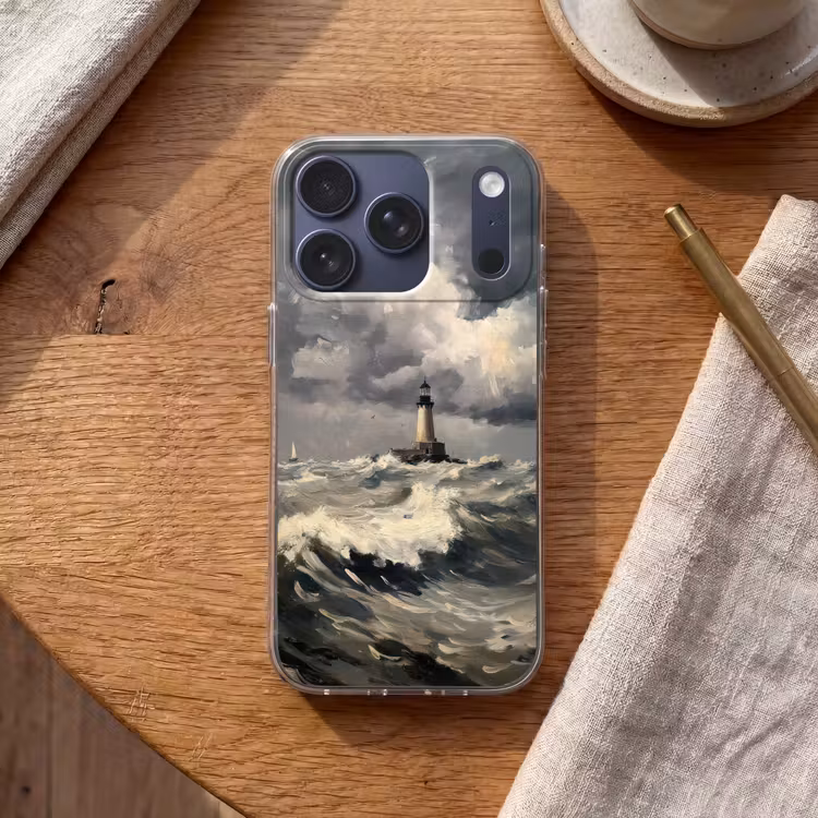 Vuurtoren - Golven - Storm Telefoonhoesje iPhone 17 Pro klein -sfeer1