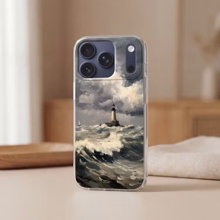 Vuurtoren - Golven - Storm Telefoonhoesje iPhone 17 Pro klein -sfeer2