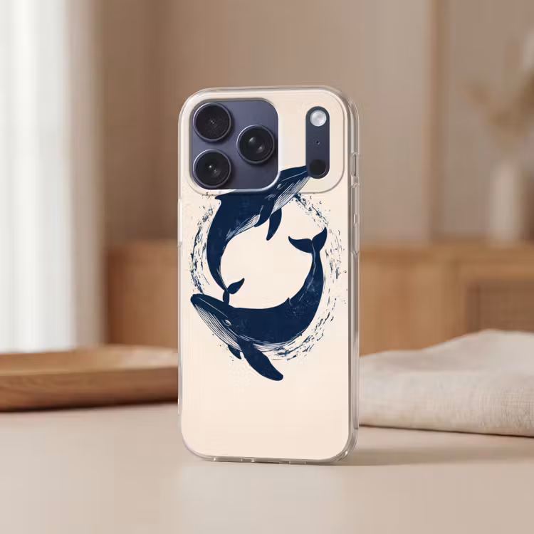 Walvissen - Spetters - Cirkel - Donkerblauw Telefoonhoesje iPhone 17 Pro klein -sfeer2