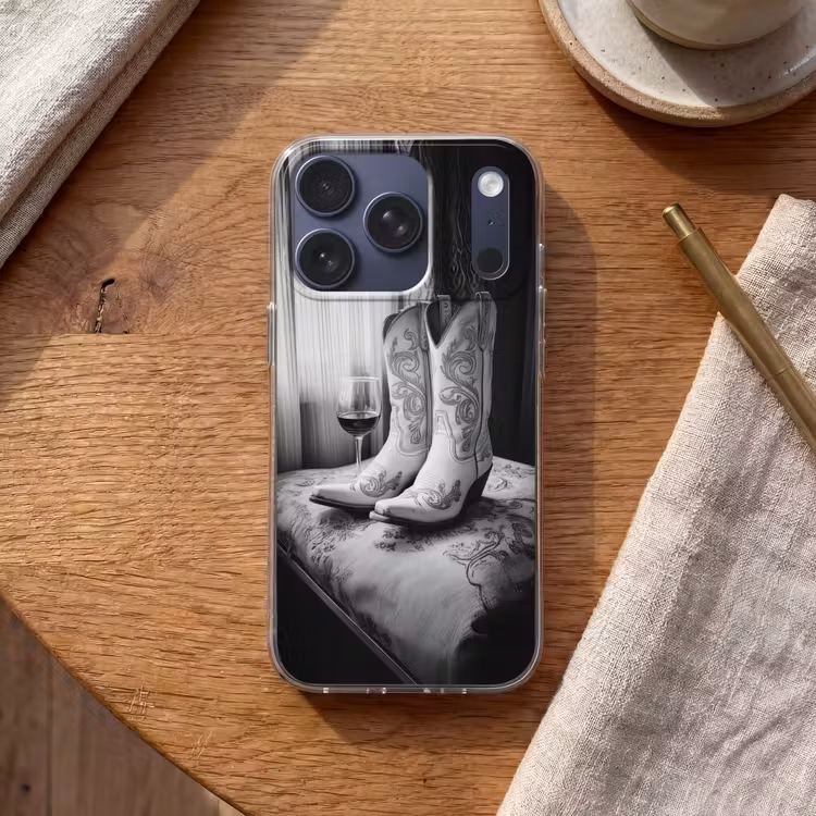 Wijn - Cowboylaarzen - Raamlicht - Wit Telefoonhoesje iPhone 17 Pro klein -sfeer1