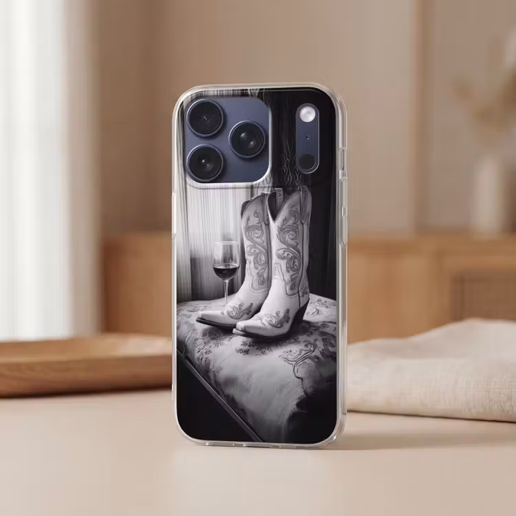 Wijn - Cowboylaarzen - Raamlicht - Wit Telefoonhoesje iPhone 17 Pro klein -sfeer2