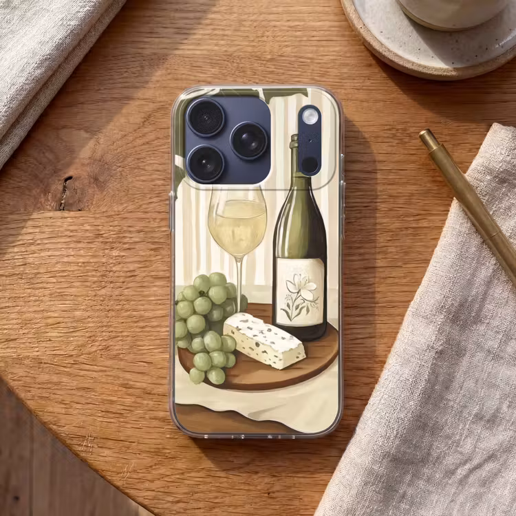 Wijn - Druiven - Kaas - Bladeren Telefoonhoesje iPhone 17 Pro klein -sfeer1