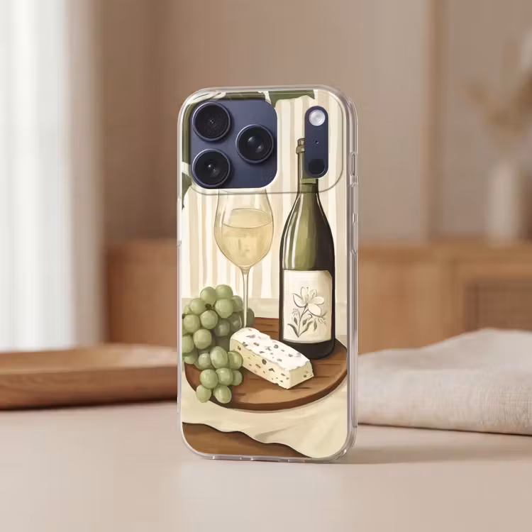 Wijn - Druiven - Kaas - Bladeren Telefoonhoesje iPhone 17 Pro klein -sfeer2