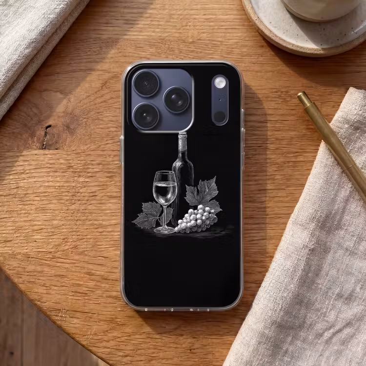 Wijnfles - Glas - Druiven - Bladeren Telefoonhoesje iPhone 17 Pro klein -sfeer1