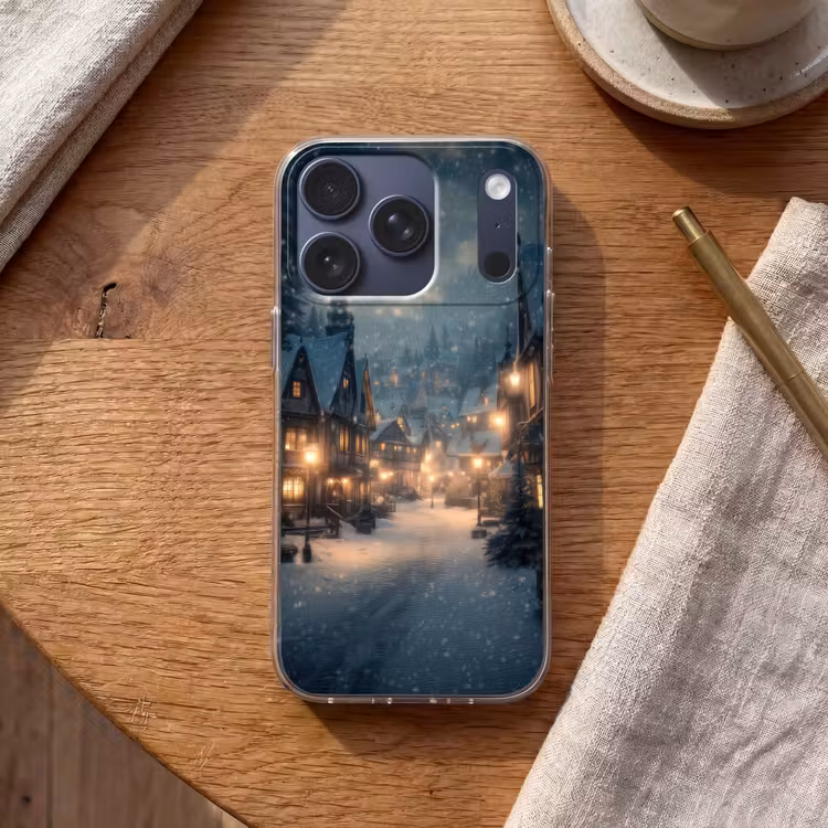 Winterdorp - Sneeuw - Donker Telefoonhoesje iPhone 17 Pro klein -sfeer1