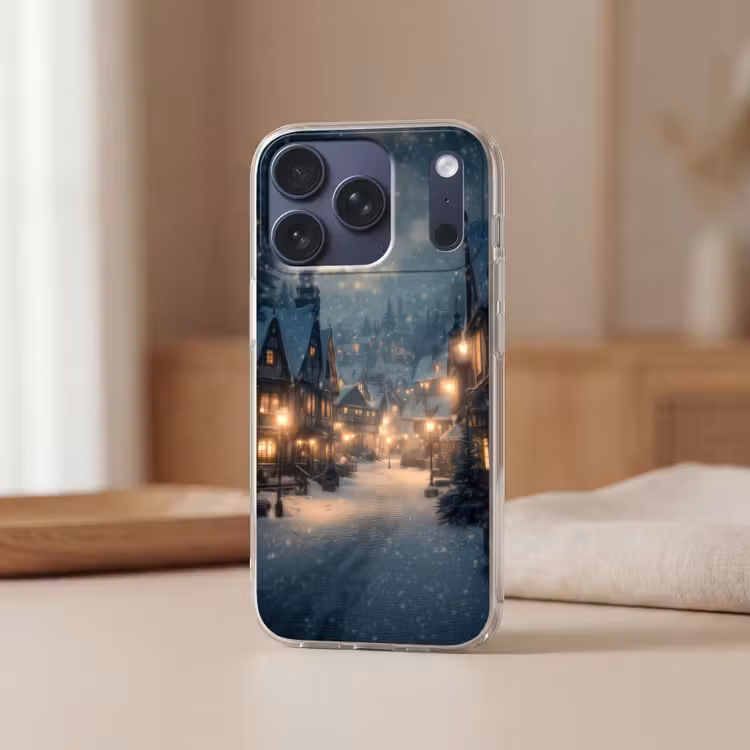 Winterdorp - Sneeuw - Donker Telefoonhoesje iPhone 17 Pro klein -sfeer2