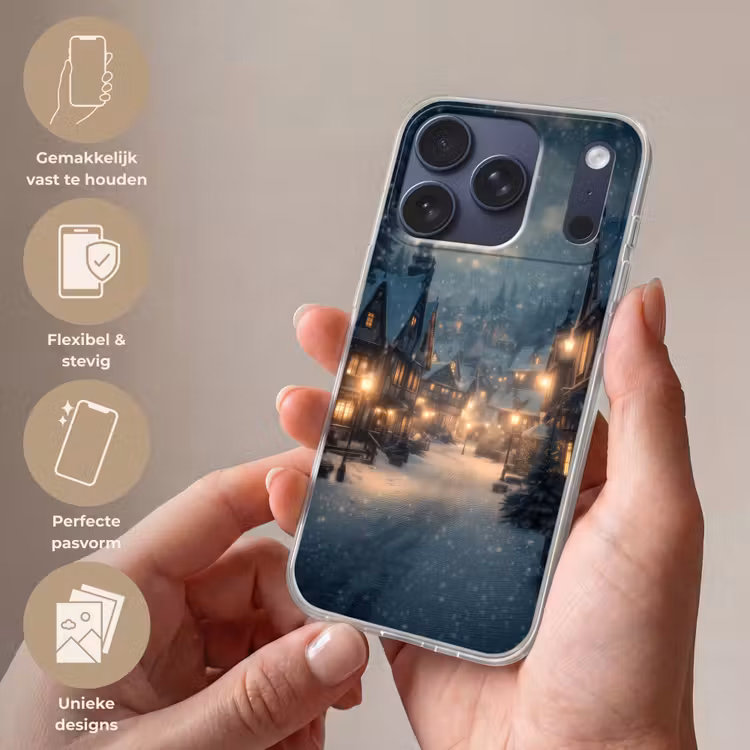 Winterdorp - Sneeuw - Donker Telefoonhoesje iPhone 17 Pro klein -sfeer3_NL