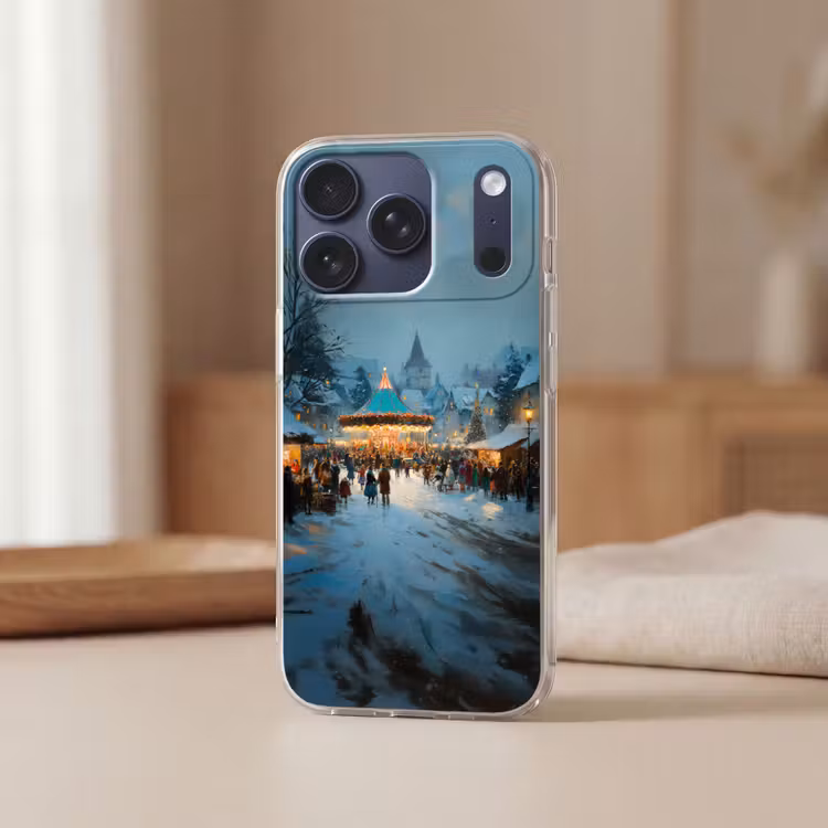 Winterkermis - Dorp - Kleurrijk Telefoonhoesje iPhone 17 Pro klein -sfeer2