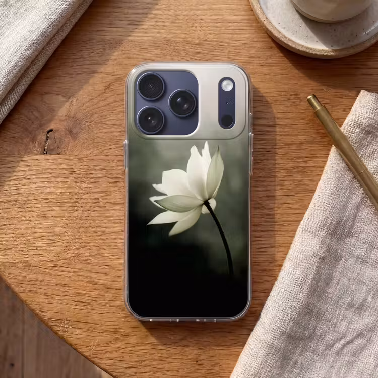 Wit - Lotus - Donker - Bloem Telefoonhoesje iPhone 17 Pro klein -sfeer1