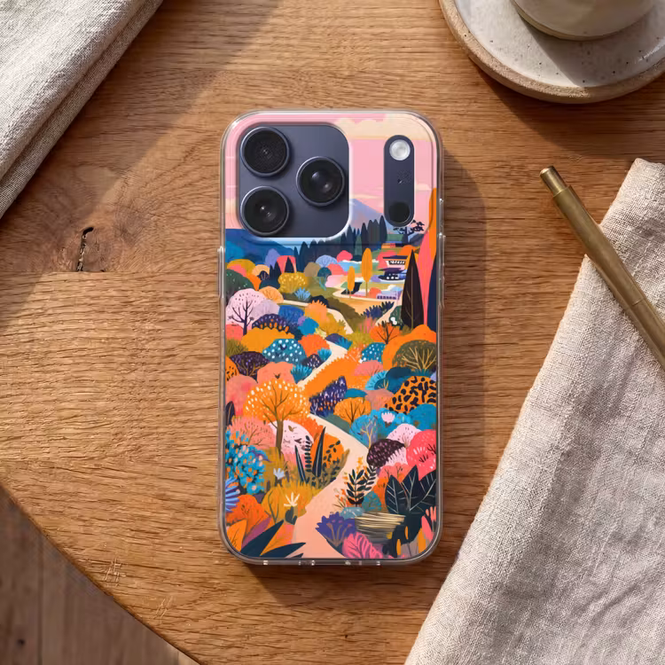 Witte bergtop - Modern - Kleurrijk Telefoonhoesje iPhone 17 Pro klein -sfeer1