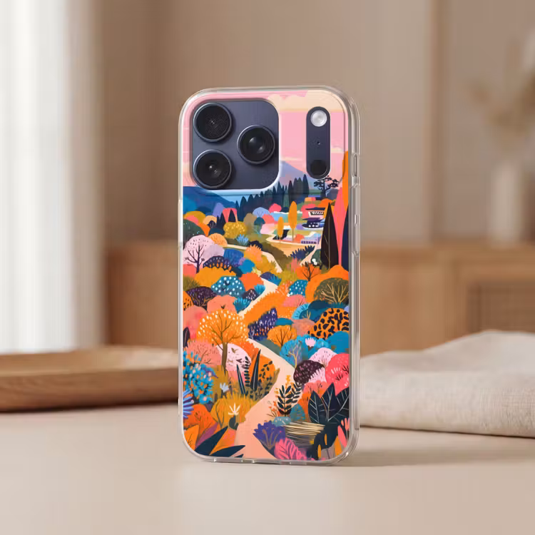 Witte bergtop - Modern - Kleurrijk Telefoonhoesje iPhone 17 Pro klein -sfeer2