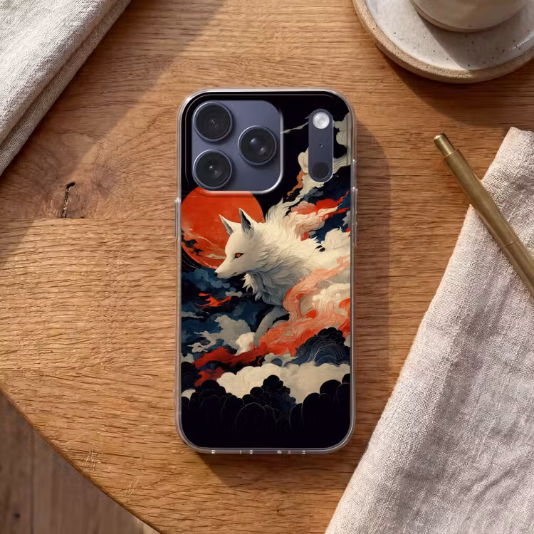 Witte vos - wolken - maan Telefoonhoesje iPhone 17 Pro klein -sfeer1