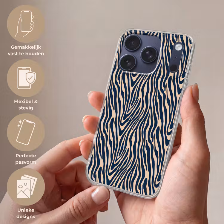 Zebra - Patroon - Blauw - Beige Telefoonhoesje iPhone 17 Pro klein 878 -sfeer3_NL