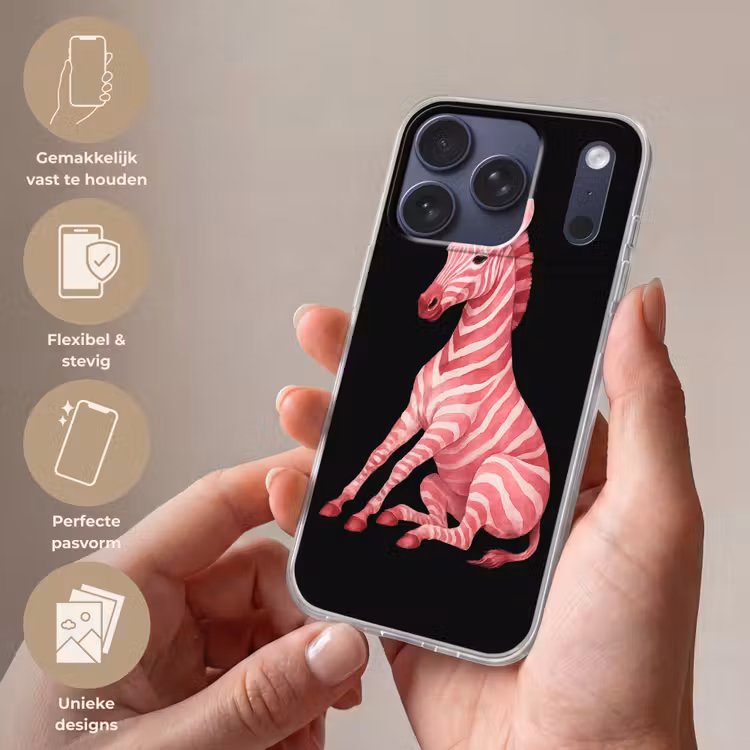 Zebra - Roze - Gestreept Telefoonhoesje iPhone 17 Pro klein -sfeer3_NL