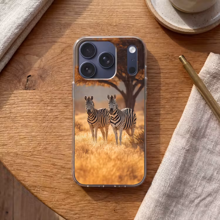 Zebra's - Savannelandschap - Gras Telefoonhoesje iPhone 17 Pro klein -sfeer1