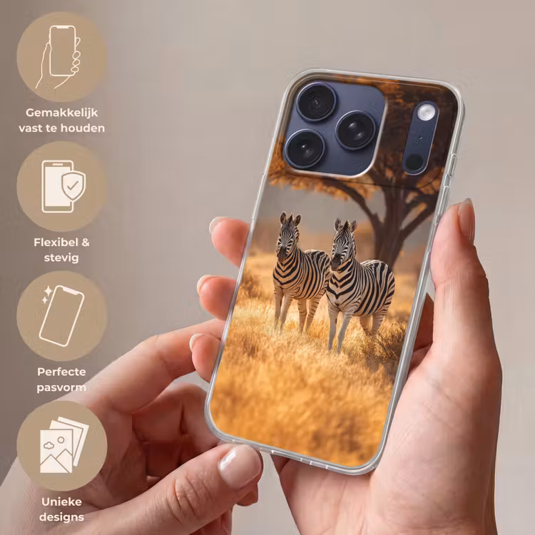 Zebra's - Savannelandschap - Gras Telefoonhoesje iPhone 17 Pro klein -sfeer3_NL