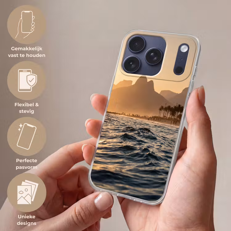 Zee - Golven - Zonsondergang - Kust - Goud Telefoonhoesje iPhone 17 Pro klein -sfeer3_NL