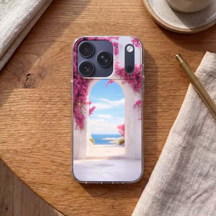 Zee - Roze - Bloemen - Poort Telefoonhoesje iPhone 17 Pro klein -sfeer1