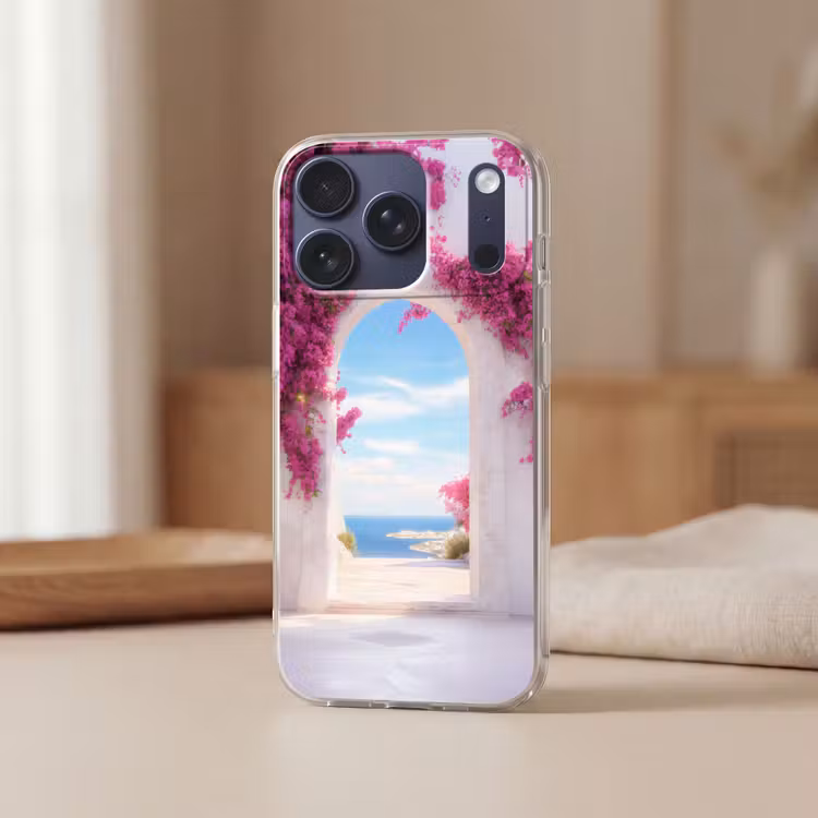 Zee - Roze - Bloemen - Poort Telefoonhoesje iPhone 17 Pro klein -sfeer2