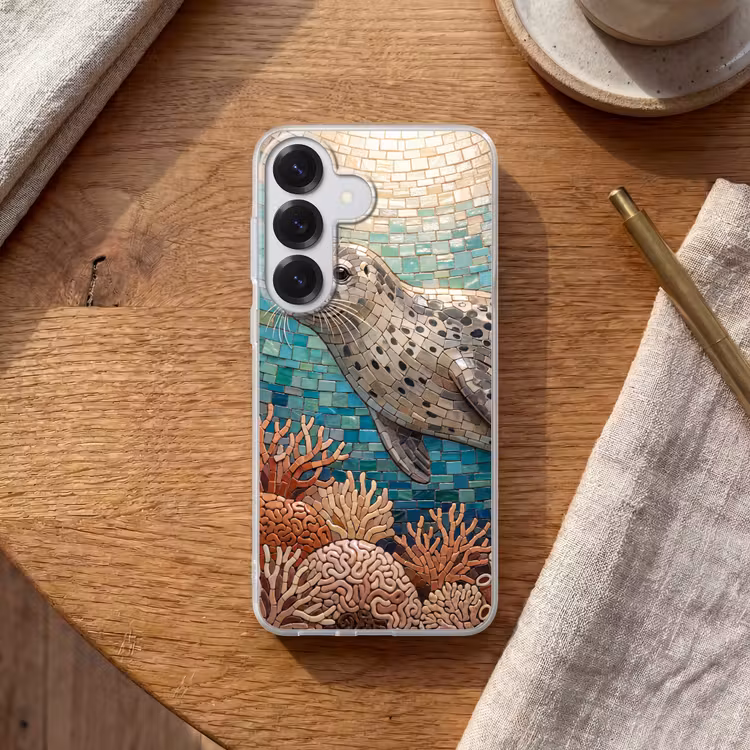 Zeehond - Mozaïek - Onderwater - Dieren - Blauw Telefoonhoesje Samsung Galaxy S26 klein -sfeer1