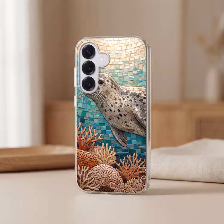 Zeehond - Mozaïek - Onderwater - Dieren - Blauw Telefoonhoesje Samsung Galaxy S26 klein -sfeer2