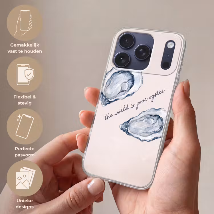 Zeeleven - Oester - Aquarel - Minimalistisch - Blauw Telefoonhoesje iPhone 17 Pro klein -sfeer3_NL