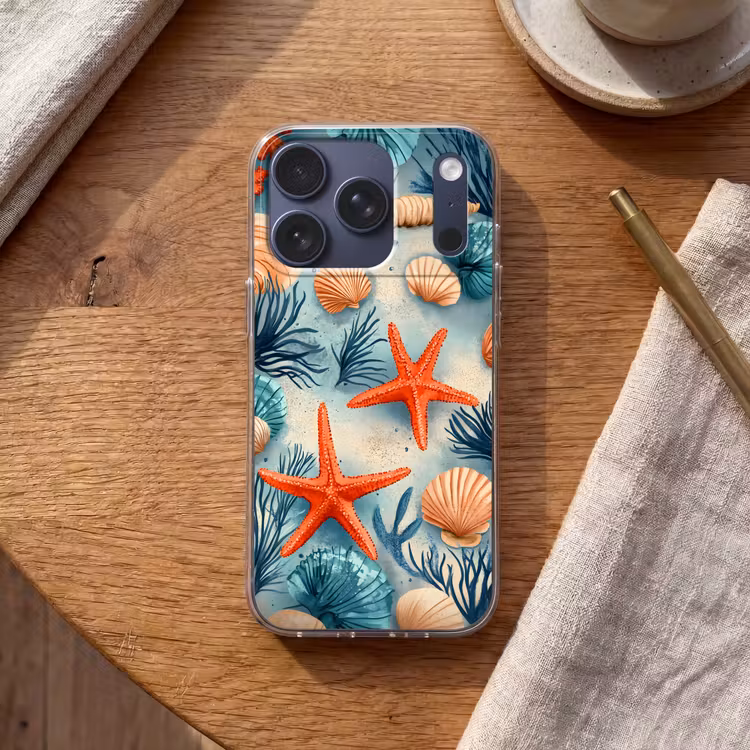 Zeesterren - Schelpen - Illustratie - Zand Telefoonhoesje iPhone 17 Pro klein -sfeer1