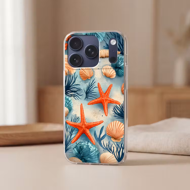 Zeesterren - Schelpen - Illustratie - Zand Telefoonhoesje iPhone 17 Pro klein -sfeer2