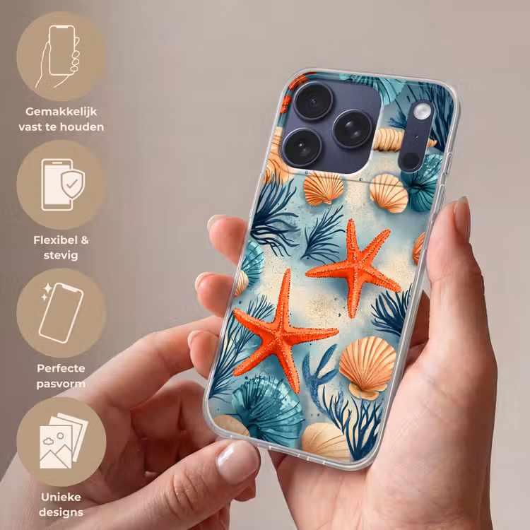 Zeesterren - Schelpen - Illustratie - Zand Telefoonhoesje iPhone 17 Pro klein -sfeer3_NL