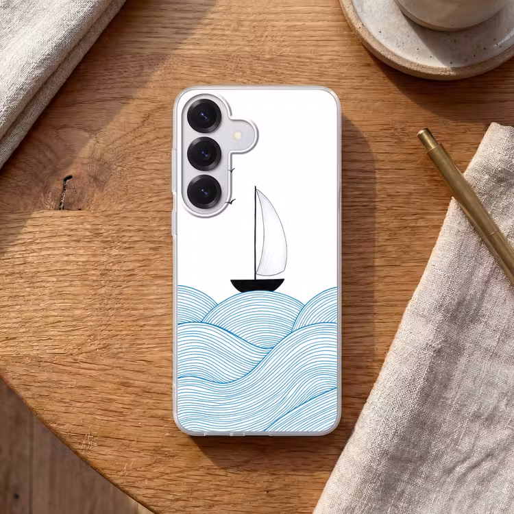 Zeilboot - Golven - Zee - Illustratie - Blauw Telefoonhoesje Samsung Galaxy S26 klein -sfeer1