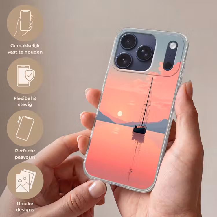 Zeilboot - Roze zee - Zonsondergang - Bergen Telefoonhoesje iPhone 17 Pro klein -sfeer3_NL