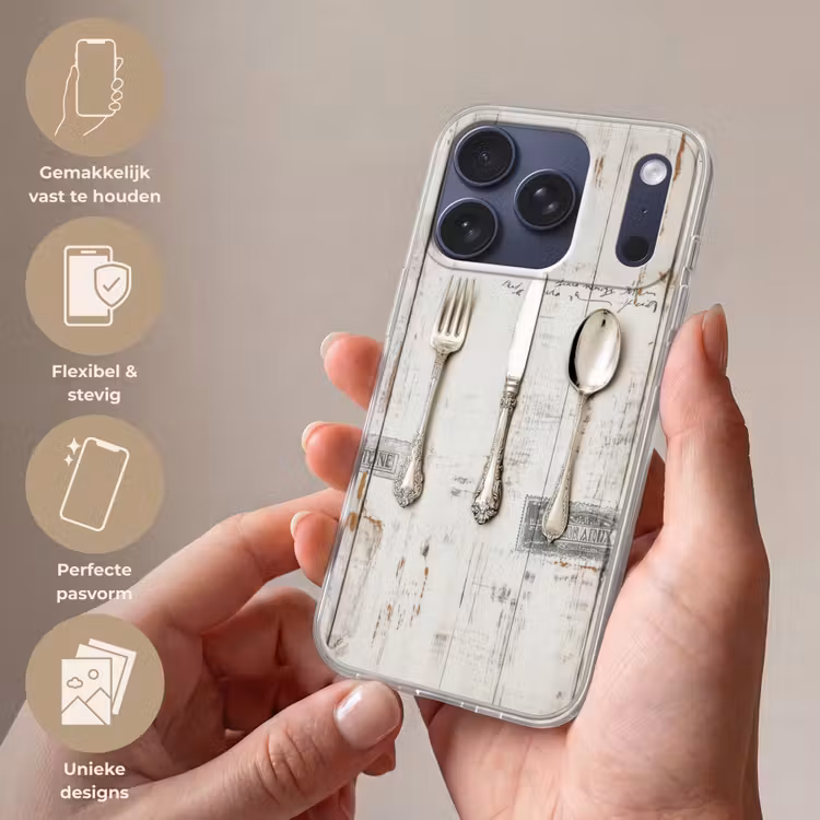 Zilver - Bestek - Hout Telefoonhoesje iPhone 17 Pro klein -sfeer3_NL
