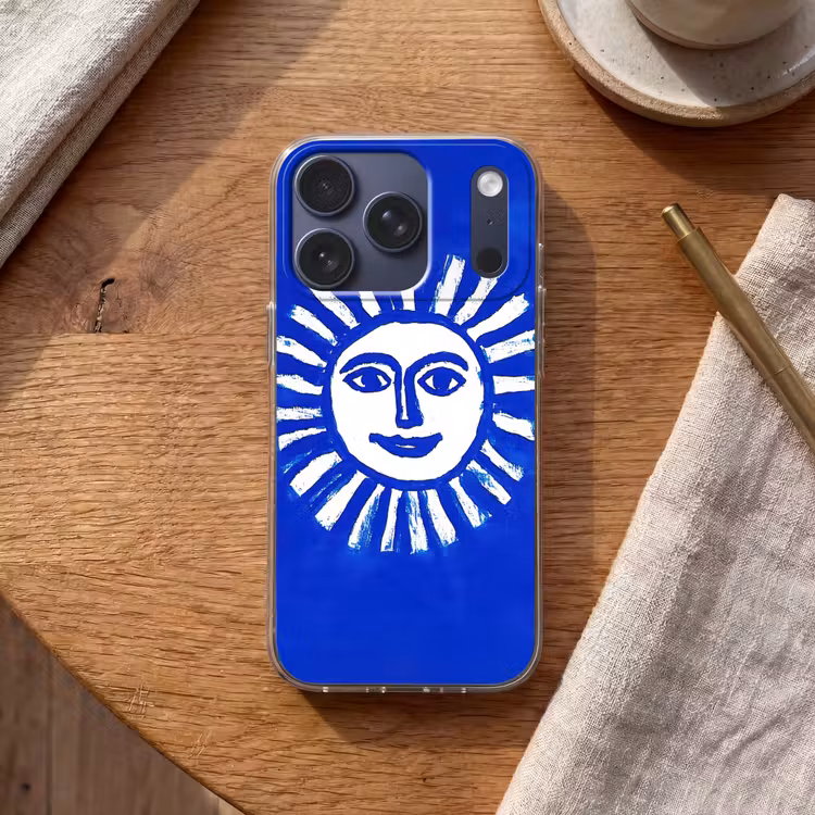 Zon - Gezicht - Penseelstructuur - Blauw Telefoonhoesje iPhone 17 Pro klein -sfeer1