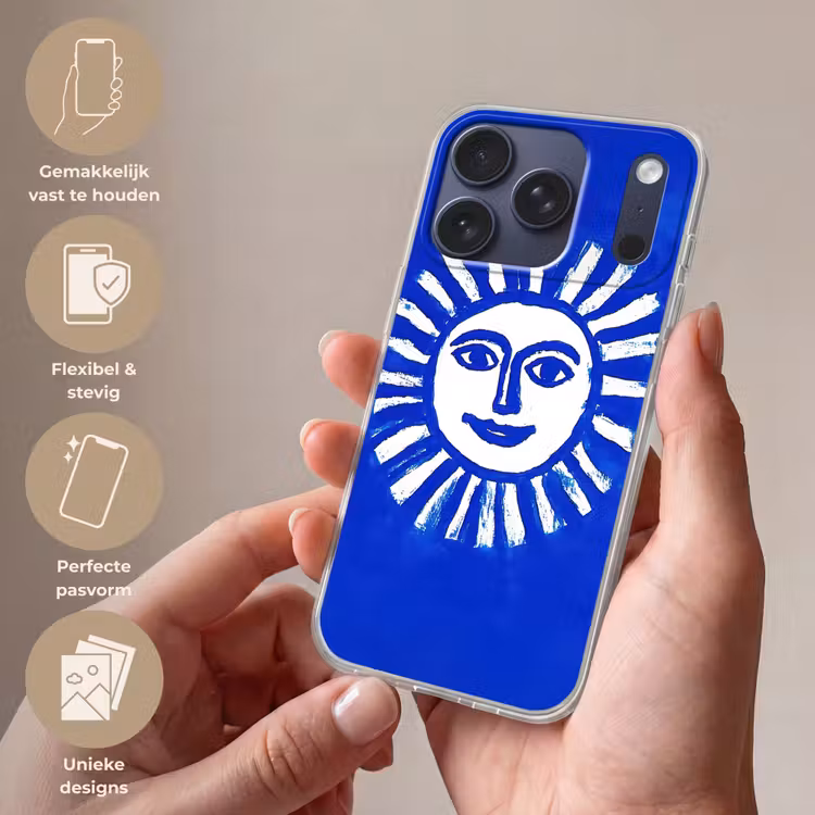Zon - Gezicht - Penseelstructuur - Blauw Telefoonhoesje iPhone 17 Pro klein -sfeer3_NL