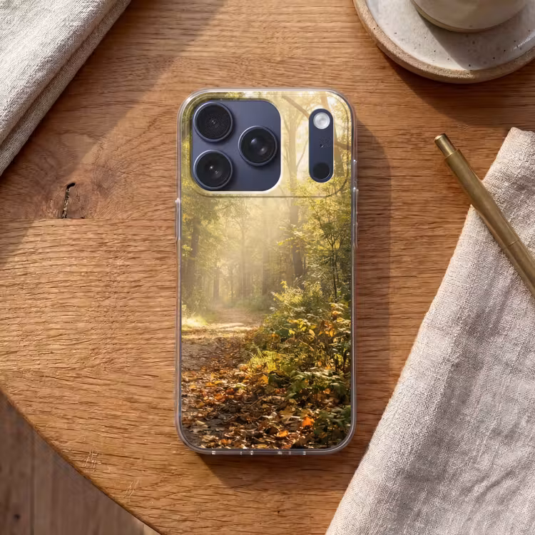 Zonlicht - Bospad - Bomen Telefoonhoesje iPhone 17 Pro klein -sfeer1