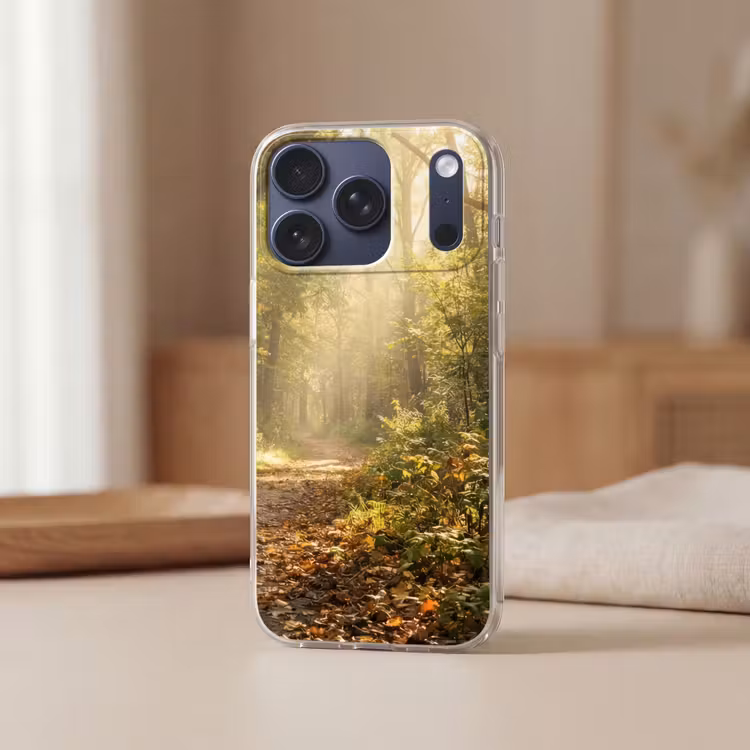 Zonlicht - Bospad - Bomen Telefoonhoesje iPhone 17 Pro klein -sfeer2