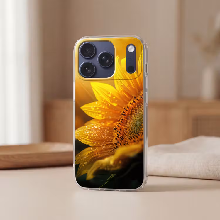 Zonnebloem - Dauwdruppels - Geel - Zonlicht Telefoonhoesje iPhone 17 Pro klein -sfeer2